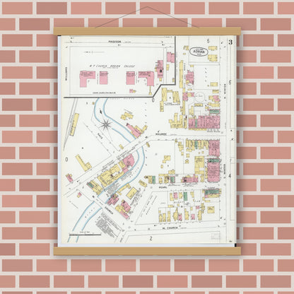 Old map wall art mockup — magnetic wood frame on brick wall — Sanborn Fire Insurance Map from Adrian, Lenawee County, Michigan (1899), Sheet #0003