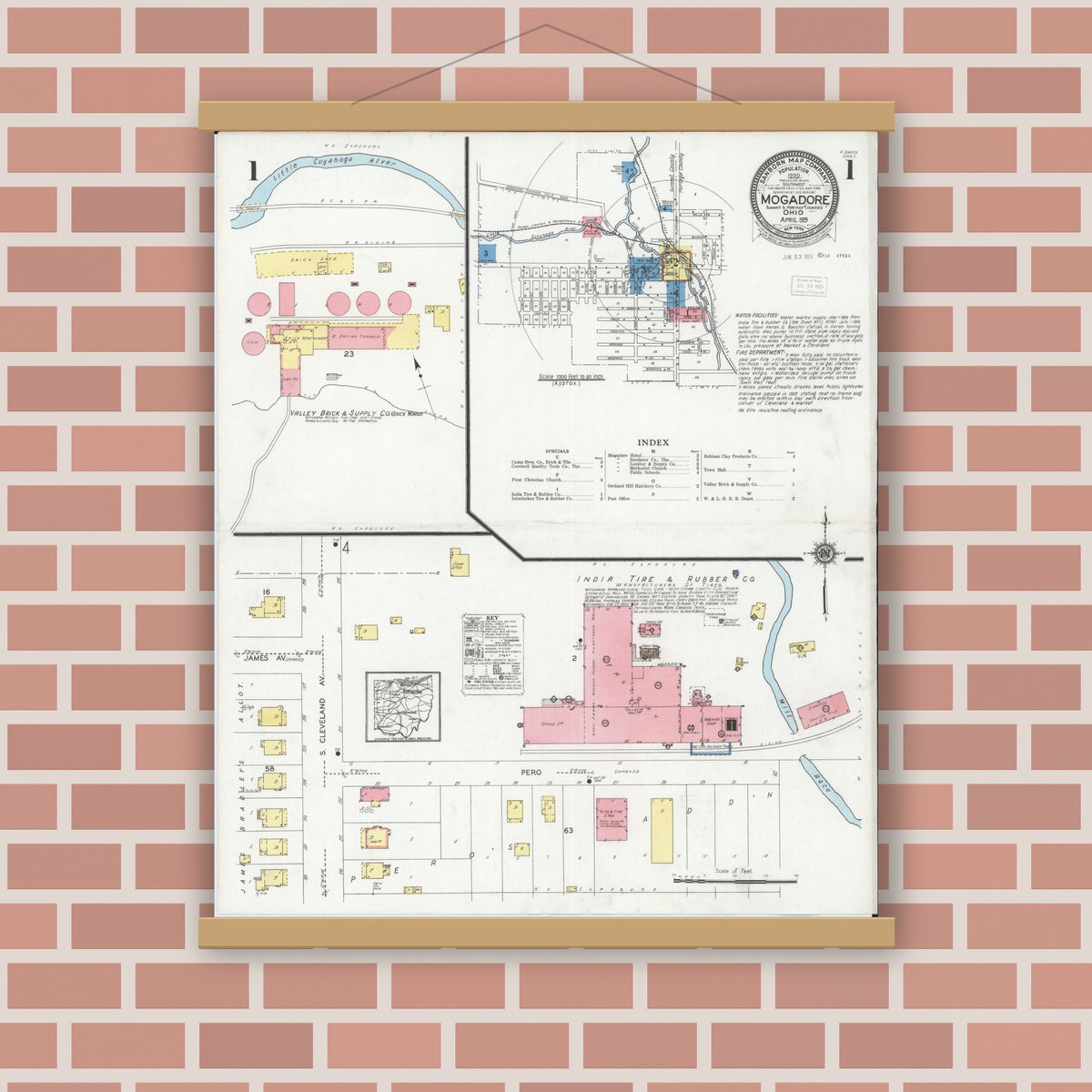 Old map wall art mockup — magnetic wood frame on brick wall — Sanborn Fire Insurance Map from Mogadore, Summit And Portage Counties, Ohio (1929) - Complete Map Set