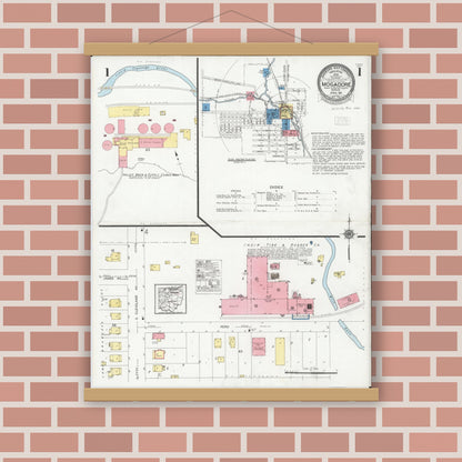Old map wall art mockup — magnetic wood frame on brick wall — Sanborn Fire Insurance Map from Mogadore, Summit And Portage Counties, Ohio (1929) - Complete Map Set