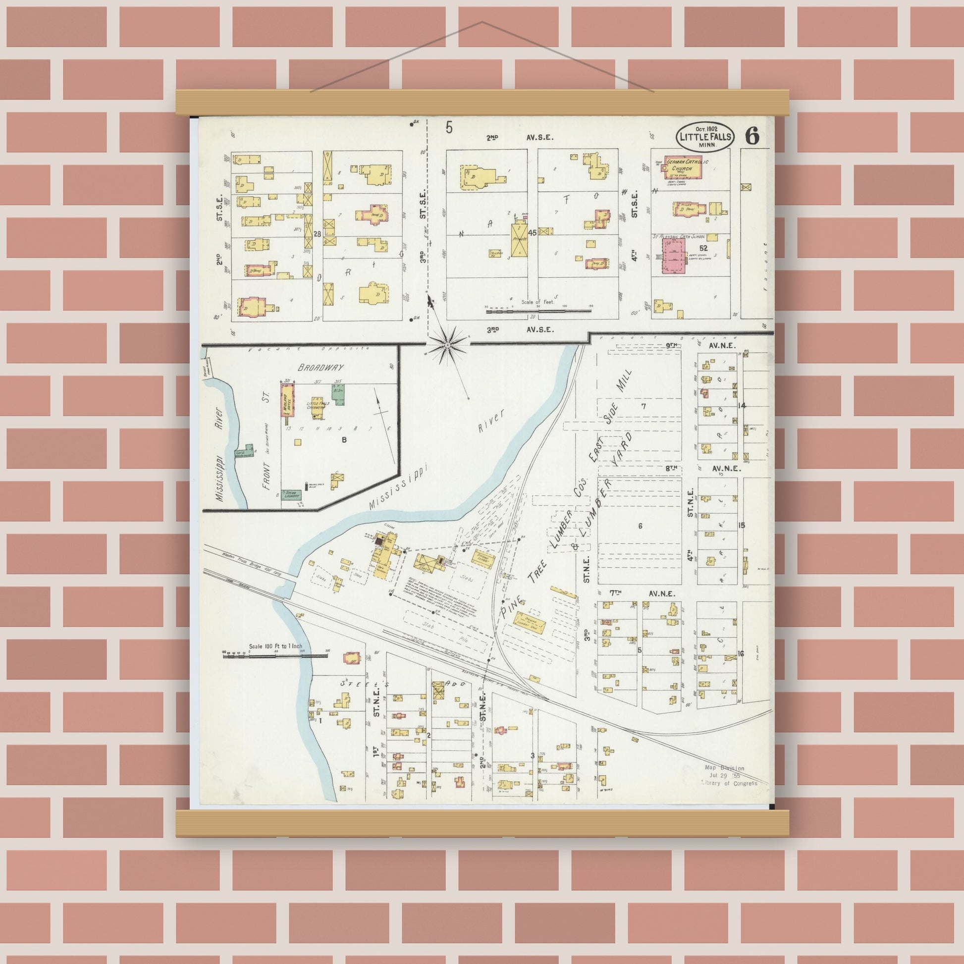 Old map wall art mockup — magnetic wood frame on brick wall — Sanborn Fire Insurance Map from Little Falls, Morrison County, Minnesota (1902), Sheet #0006