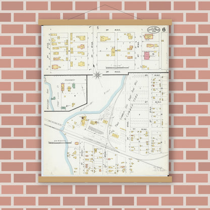 Old map wall art mockup — magnetic wood frame on brick wall — Sanborn Fire Insurance Map from Little Falls, Morrison County, Minnesota (1902), Sheet #0006