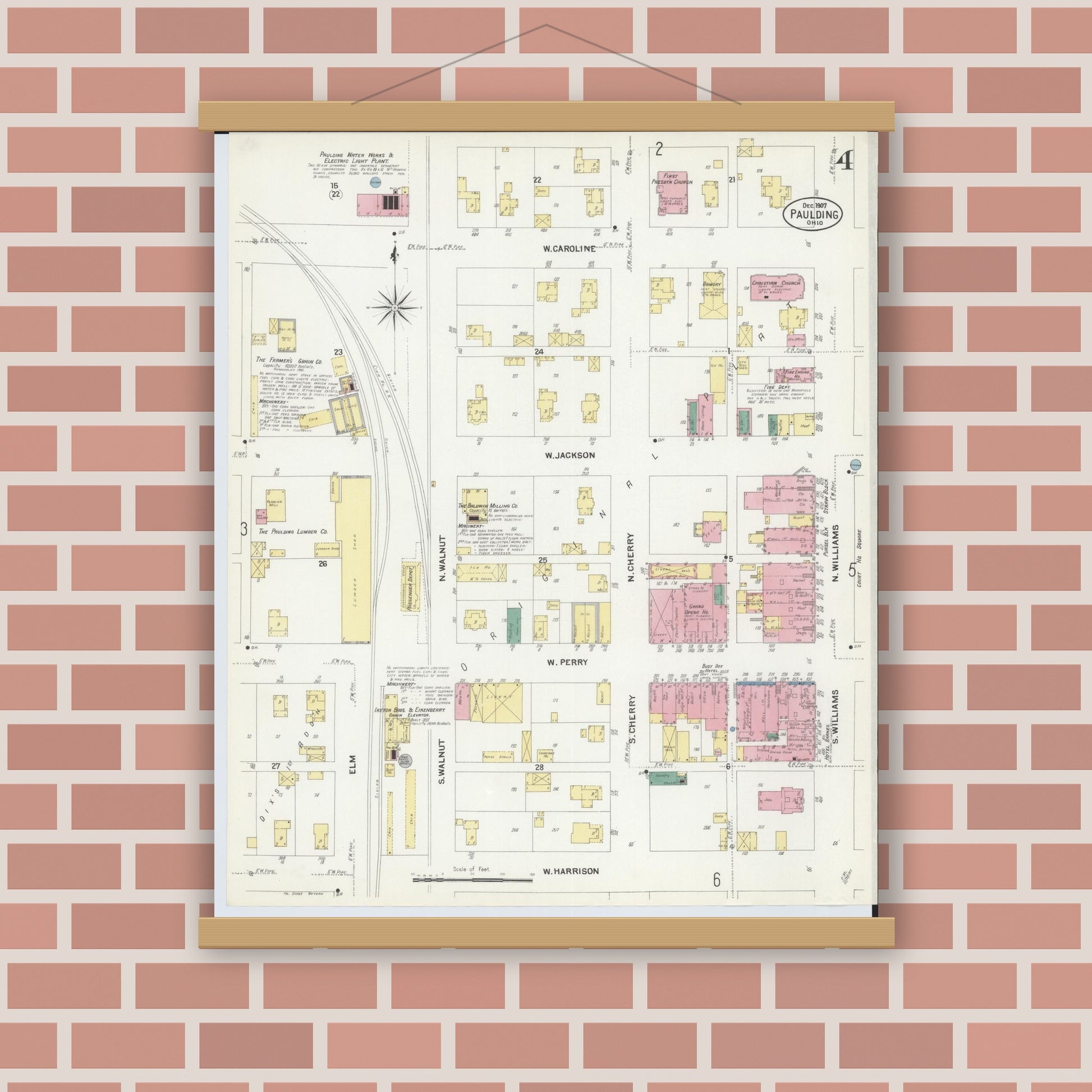 Old map wall art mockup — magnetic wood frame on brick wall — Sanborn Fire Insurance Map from Paulding, Paulding County, Ohio (1907), Sheet #0004
