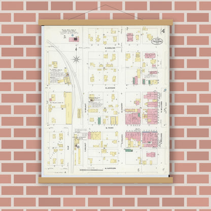 Old map wall art mockup — magnetic wood frame on brick wall — Sanborn Fire Insurance Map from Paulding, Paulding County, Ohio (1907), Sheet #0004