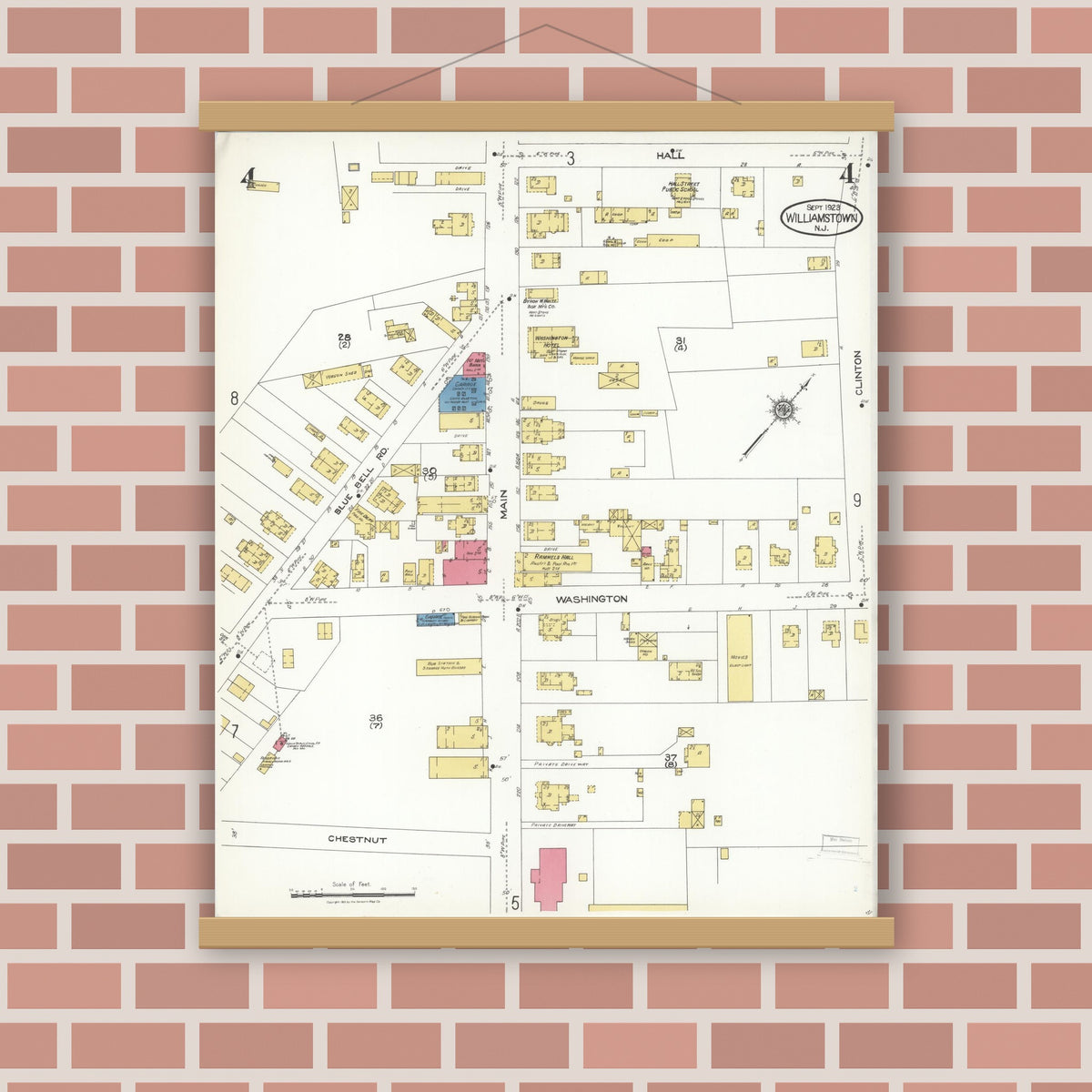 Old map wall art mockup — magnetic wood frame on brick wall — Sanborn Fire Insurance Map from Williamstown, Gloucester County, New Jersey (1923), Sheet #0004