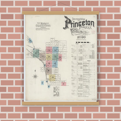Old map wall art mockup — magnetic wood frame on brick wall — Sanborn Fire Insurance Map from Princeton, Gibson County, Indiana (1895), Sheet #0001