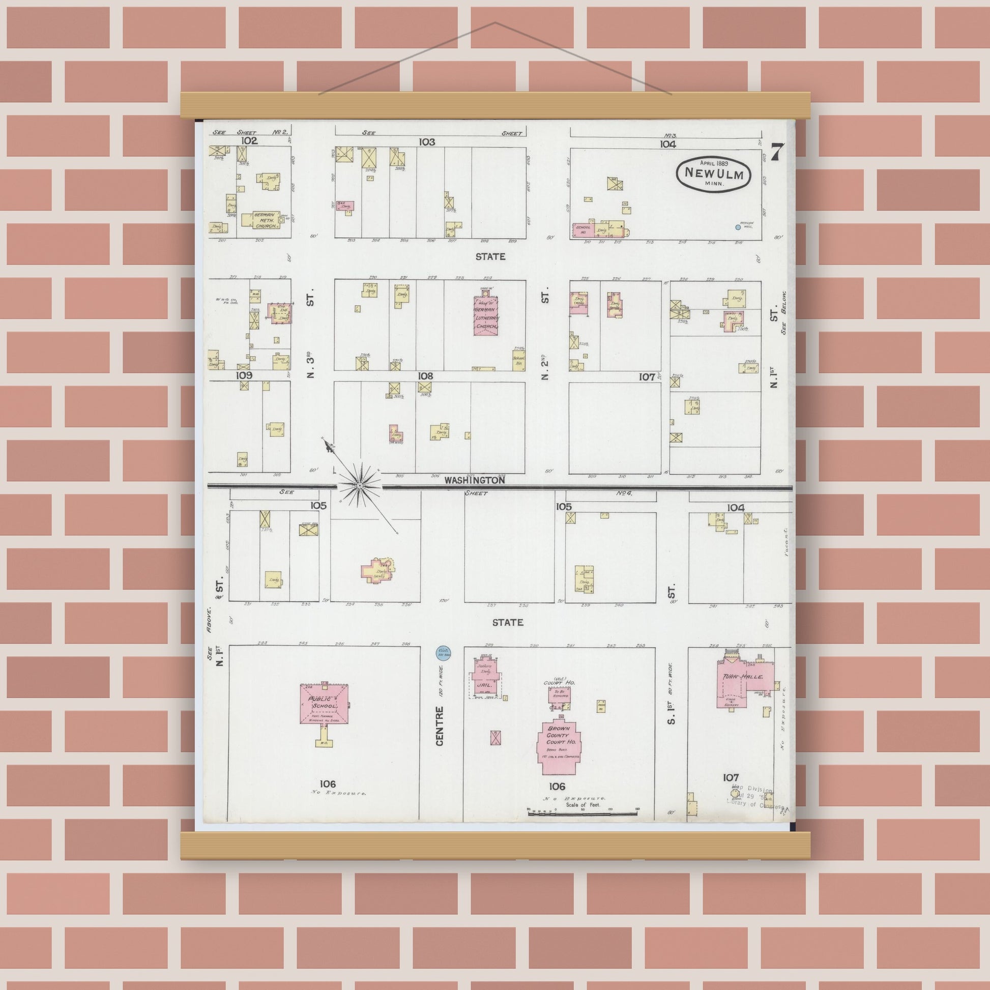 Old map wall art mockup — magnetic wood frame on brick wall — Sanborn Fire Insurance Map from New Ulm, Brown County, Minnesota (1889), Sheet #0007