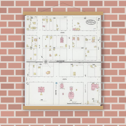 Old map wall art mockup — magnetic wood frame on brick wall — Sanborn Fire Insurance Map from New Ulm, Brown County, Minnesota (1889), Sheet #0007