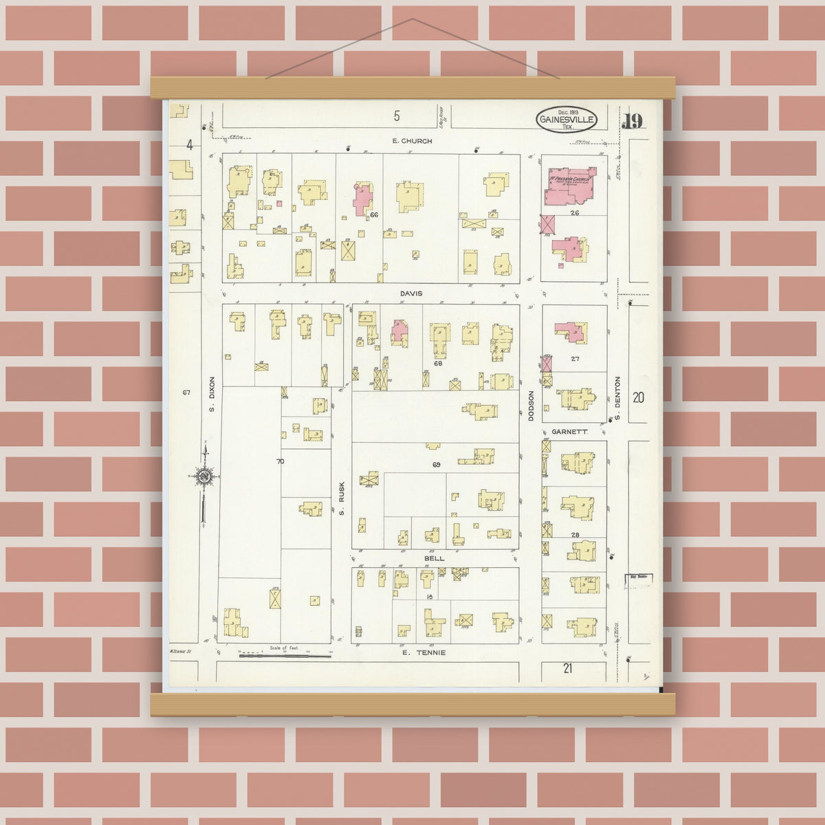 Old map wall art mockup — magnetic wood frame on brick wall — Sanborn Fire Insurance Map from Gainesville, Cooke County, Texas (1913), Sheet #0019