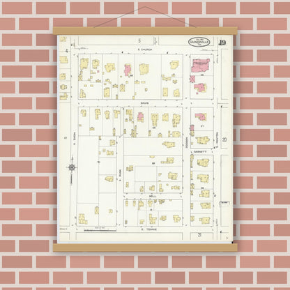 Old map wall art mockup — magnetic wood frame on brick wall — Sanborn Fire Insurance Map from Gainesville, Cooke County, Texas (1913), Sheet #0019