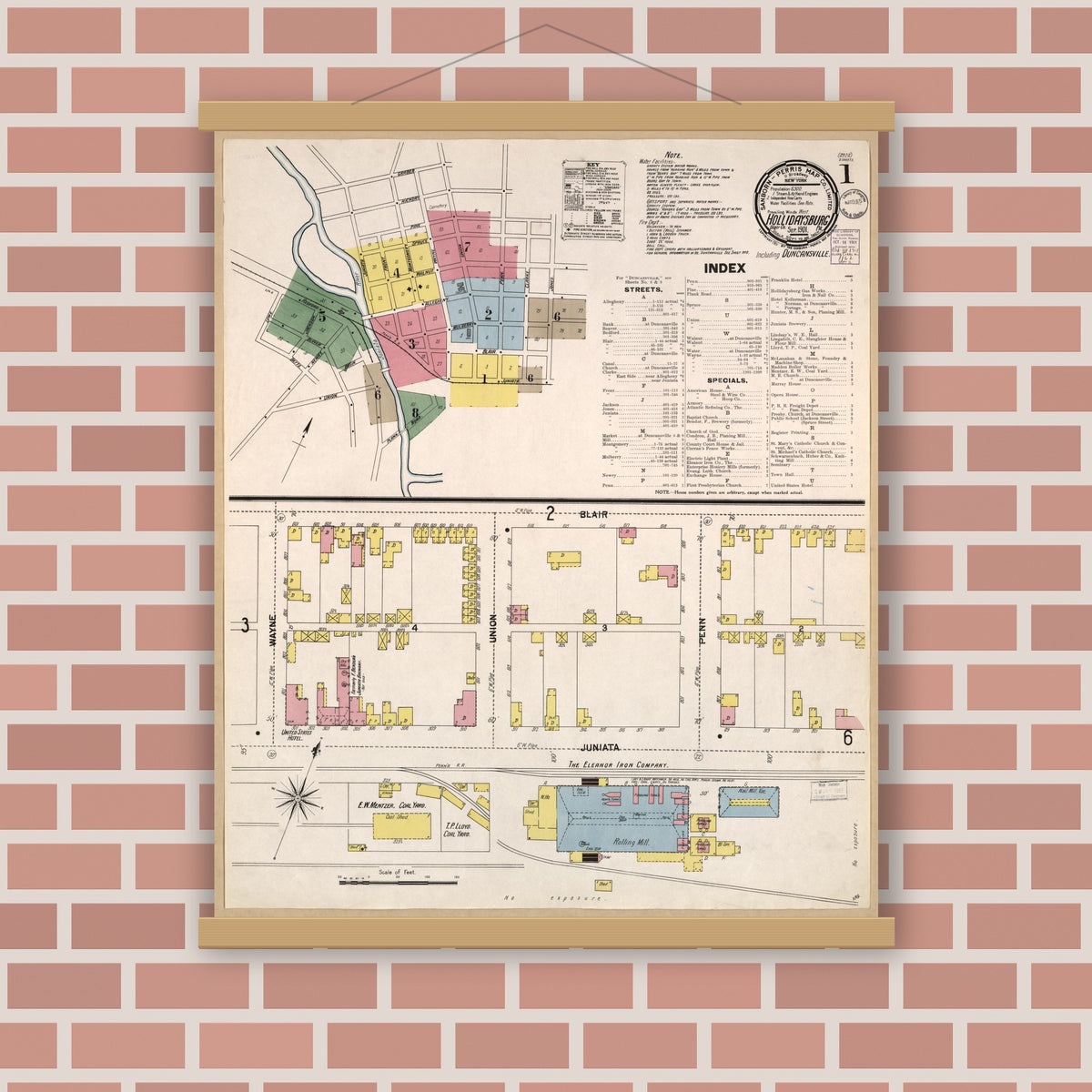 Old map wall art mockup — magnetic wood frame on brick wall — Sanborn Fire Insurance Map from Hollidaysburg, Blair County, Pennsylvania (1901), Sheet #0001