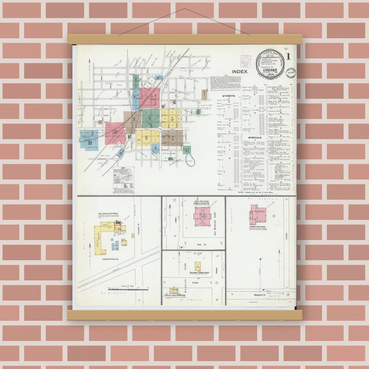 Old map wall art mockup — magnetic wood frame on brick wall — Sanborn Fire Insurance Map from Urbana, Champaign County, Ohio (1901), Sheet #0001