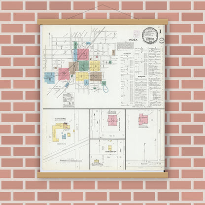 Old map wall art mockup — magnetic wood frame on brick wall — Sanborn Fire Insurance Map from Urbana, Champaign County, Ohio (1901), Sheet #0001