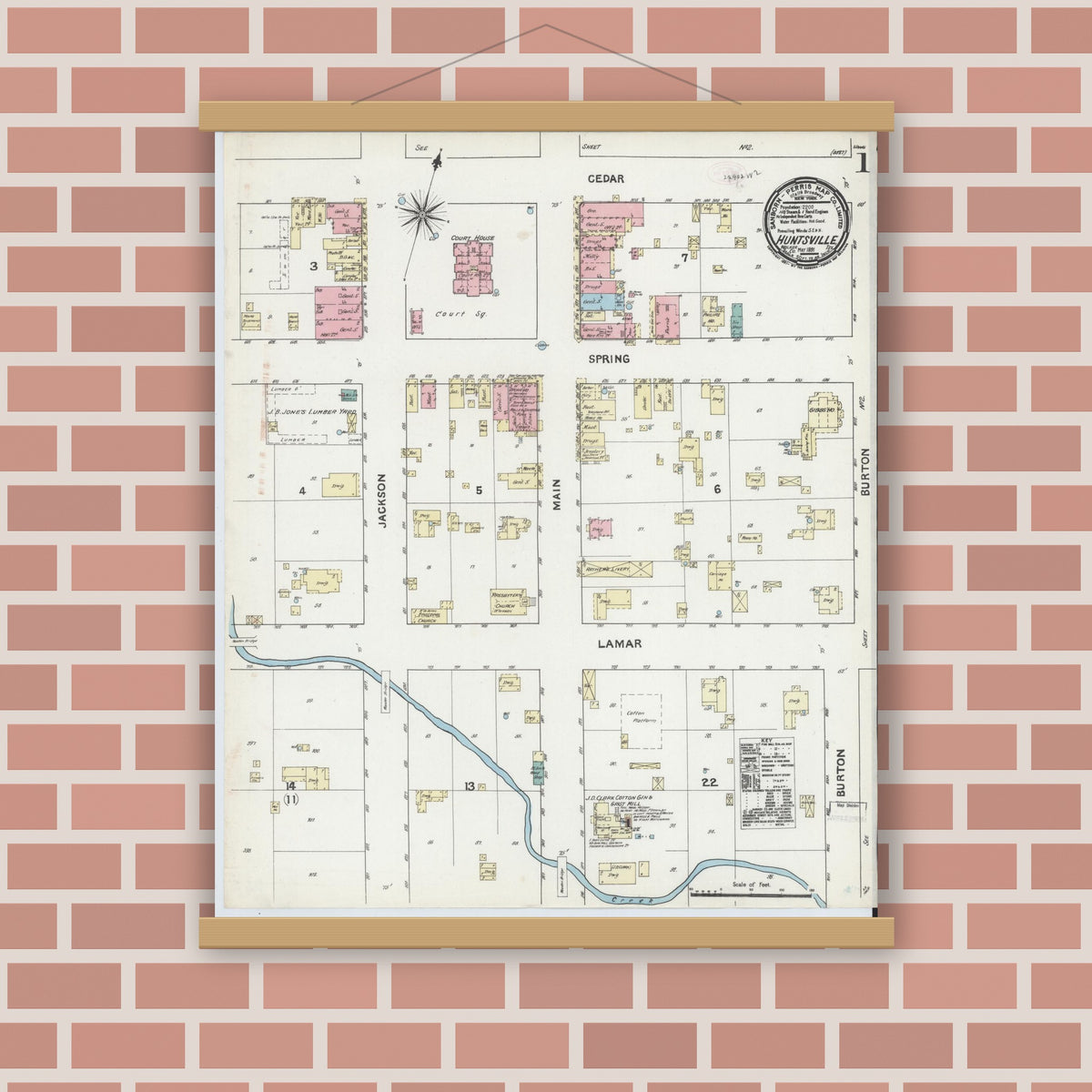 Old map wall art mockup — magnetic wood frame on brick wall — Sanborn Fire Insurance Map from Huntsville, Walker County, Texas (1891), Sheet #0001