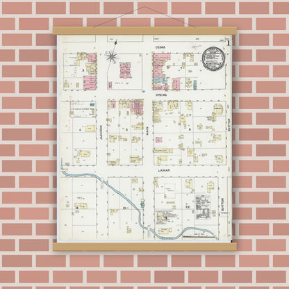 Old map wall art mockup — magnetic wood frame on brick wall — Sanborn Fire Insurance Map from Huntsville, Walker County, Texas (1891), Sheet #0001