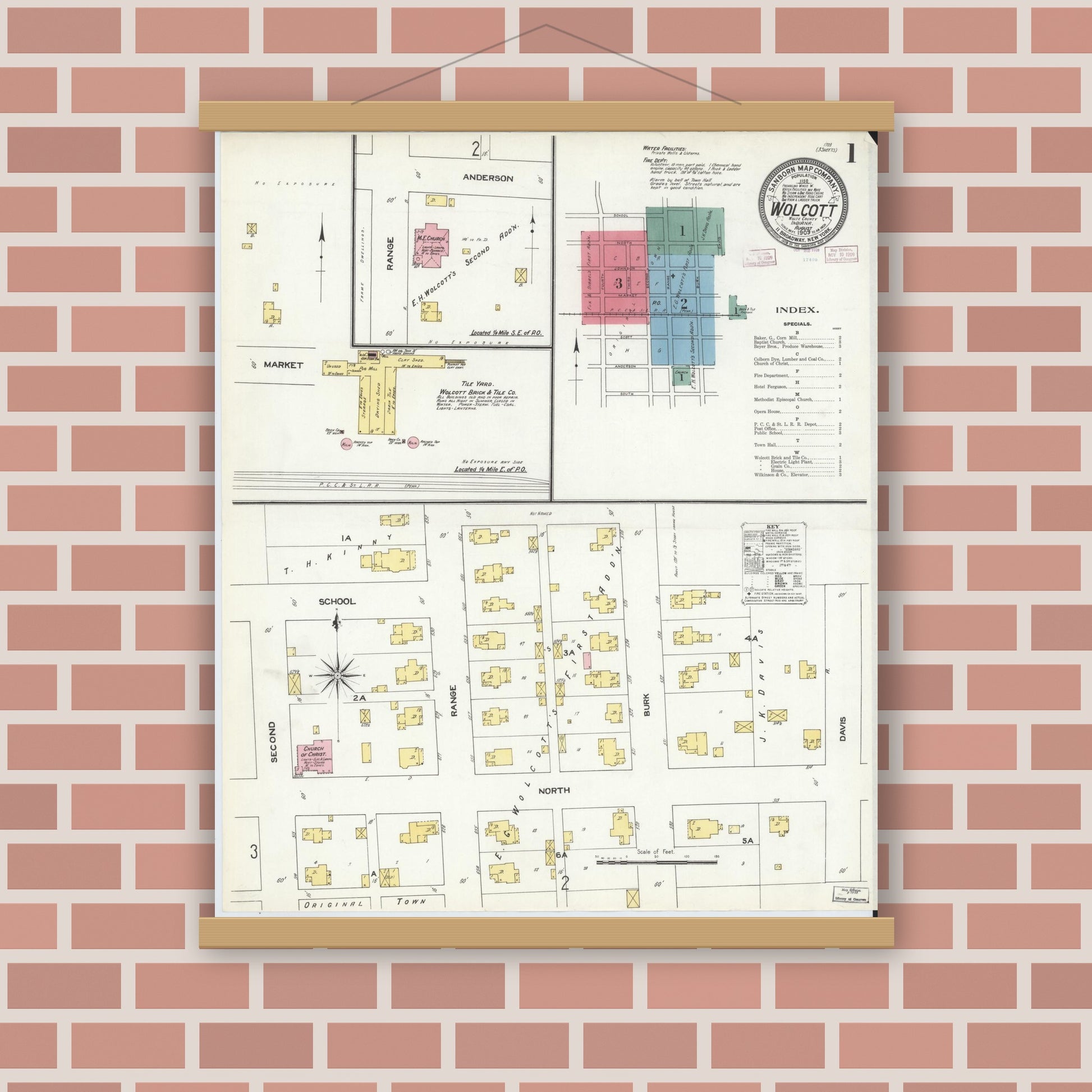 Old map wall art mockup — magnetic wood frame on brick wall — Sanborn Fire Insurance Map from Wolcott, White County, Indiana (1909) - Complete Map Set
