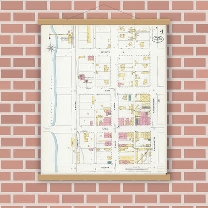 Old map wall art mockup — magnetic wood frame on brick wall — Sanborn Fire Insurance Map from Lacon, Marshall County, Illinois (1907), Sheet #0004