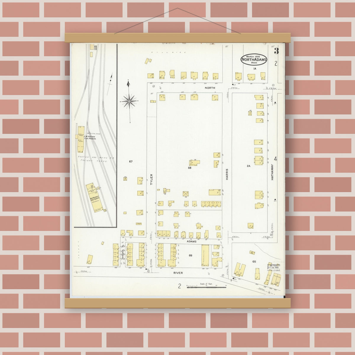 Old map wall art mockup — magnetic wood frame on brick wall — Sanborn Fire Insurance Map from North Adams, Berkshire County, Massachusetts (1908), Sheet #0003