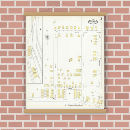 Old map wall art mockup — magnetic wood frame on brick wall — Sanborn Fire Insurance Map from North Adams, Berkshire County, Massachusetts (1908), Sheet #0003