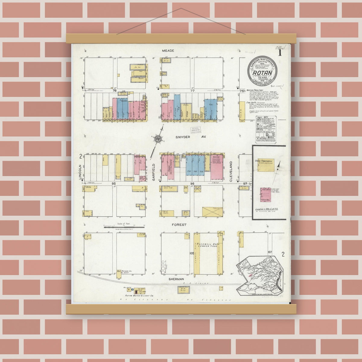 Old map wall art mockup — magnetic wood frame on brick wall — Sanborn Fire Insurance Map from Rotan, Fisher County, Texas (1919), Sheet #0001