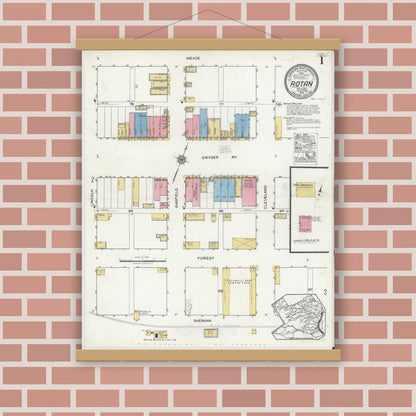 Old map wall art mockup — magnetic wood frame on brick wall — Sanborn Fire Insurance Map from Rotan, Fisher County, Texas (1919), Sheet #0001
