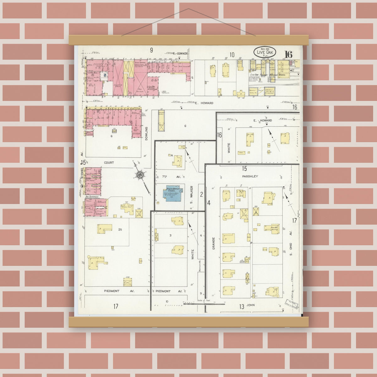 Old map wall art mockup — magnetic wood frame on brick wall — Sanborn Fire Insurance Map from Live Oak, Suwanee County, Florida (1912), Sheet #0016