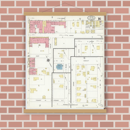 Old map wall art mockup — magnetic wood frame on brick wall — Sanborn Fire Insurance Map from Live Oak, Suwanee County, Florida (1912), Sheet #0016