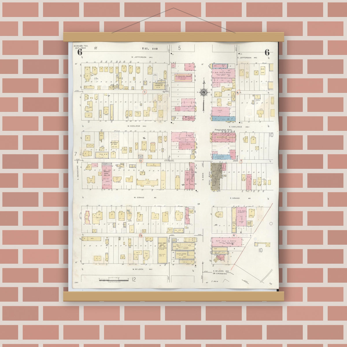 Old map wall art mockup — magnetic wood frame on brick wall — Sanborn Fire Insurance Map from Borger, Hutchinson County, Texas (1950), Sheet #0006