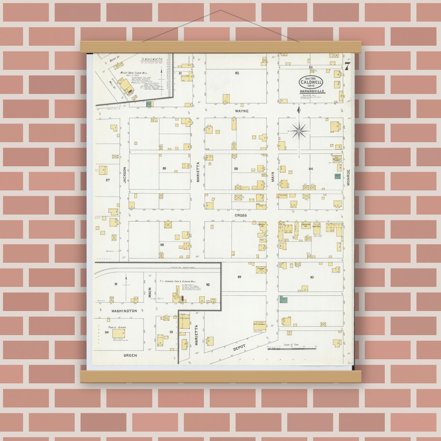 Old map wall art mockup — magnetic wood frame on brick wall — Sanborn Fire Insurance Map from Caldwell, Noble County, Ohio (1905), Sheet #0007