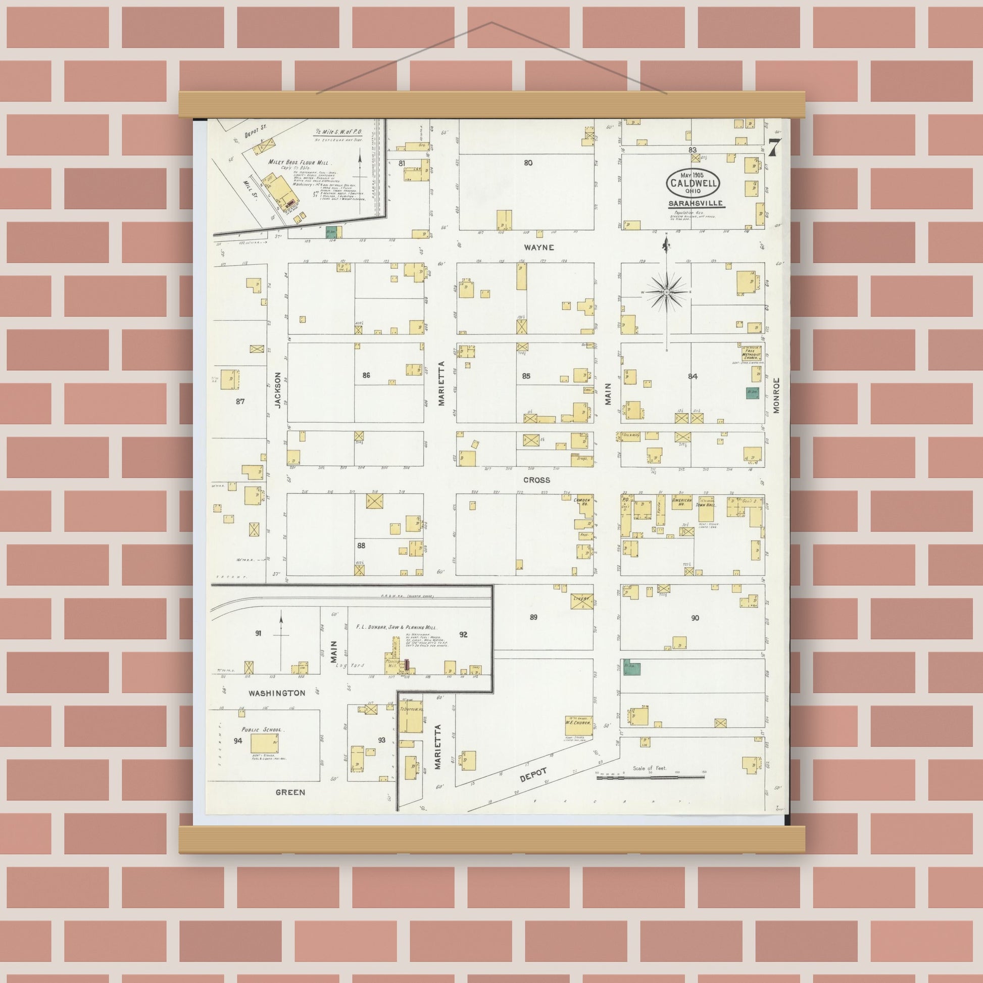 Old map wall art mockup — magnetic wood frame on brick wall — Sanborn Fire Insurance Map from Caldwell, Noble County, Ohio (1905), Sheet #0007