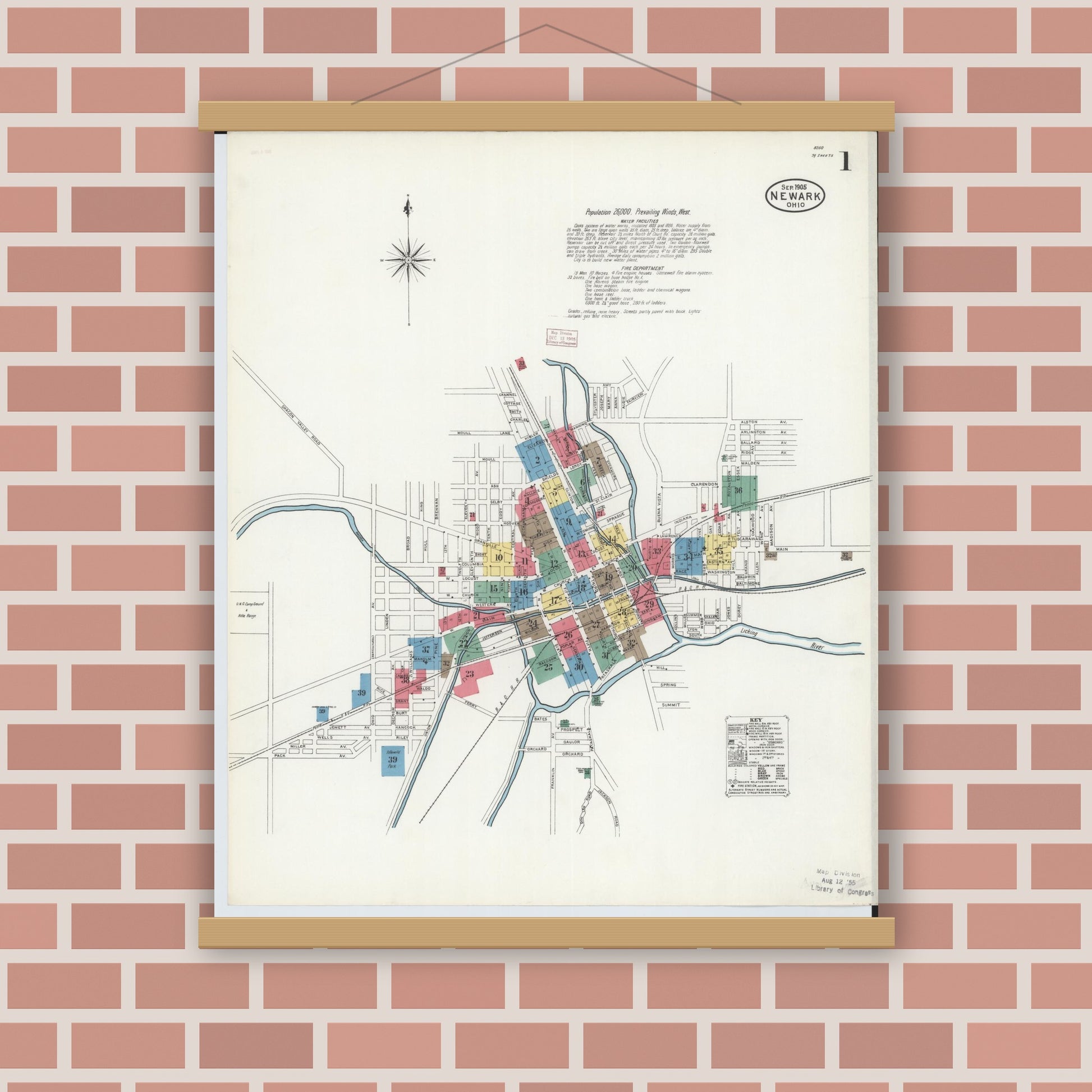 Old map wall art mockup — magnetic wood frame on brick wall — Sanborn Fire Insurance Map from Newark, Licking County, Ohio (1905), Sheet #0001