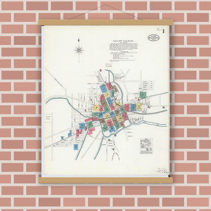Old map wall art mockup — magnetic wood frame on brick wall — Sanborn Fire Insurance Map from Newark, Licking County, Ohio (1905), Sheet #0001