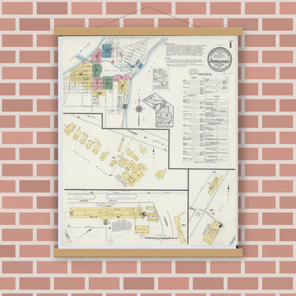 Old map wall art mockup — magnetic wood frame on brick wall — Sanborn Fire Insurance Map from Charlevoix, Charlevoix County, Michigan (1917), Sheet #0001