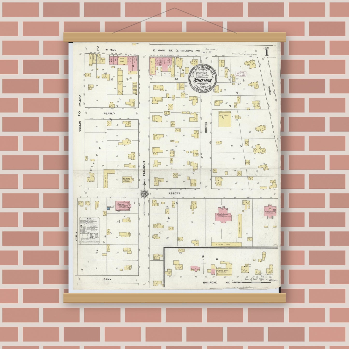 Old map wall art mockup — magnetic wood frame on brick wall — Sanborn Fire Insurance Map from Wakeman, Huron County, Ohio (1911) - Complete Map Set