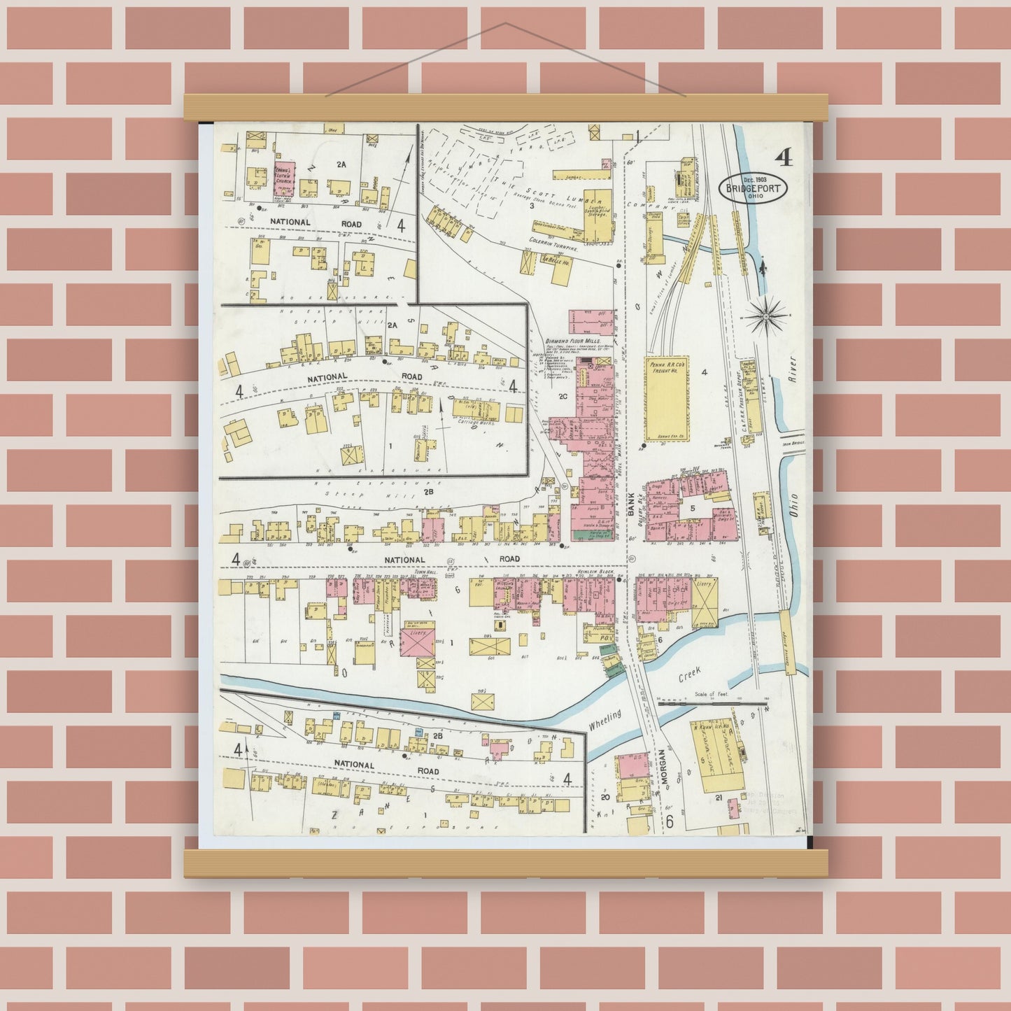 Old map wall art mockup — magnetic wood frame on brick wall — Sanborn Fire Insurance Map from Bridgeport, Belmont County, Ohio (1903), Sheet #0004