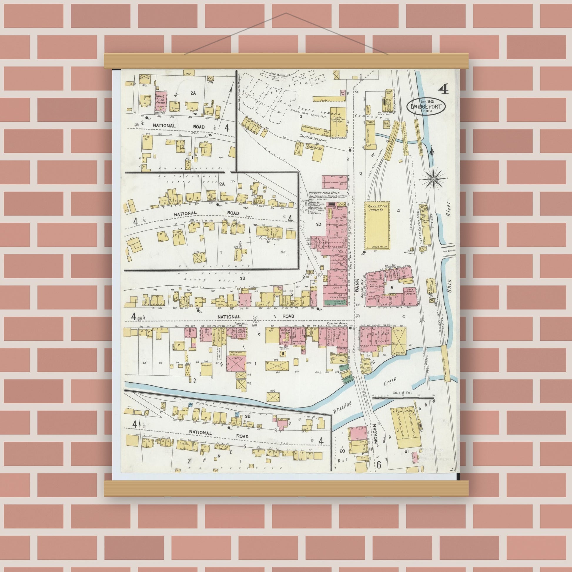 Old map wall art mockup — magnetic wood frame on brick wall — Sanborn Fire Insurance Map from Bridgeport, Belmont County, Ohio (1903), Sheet #0004
