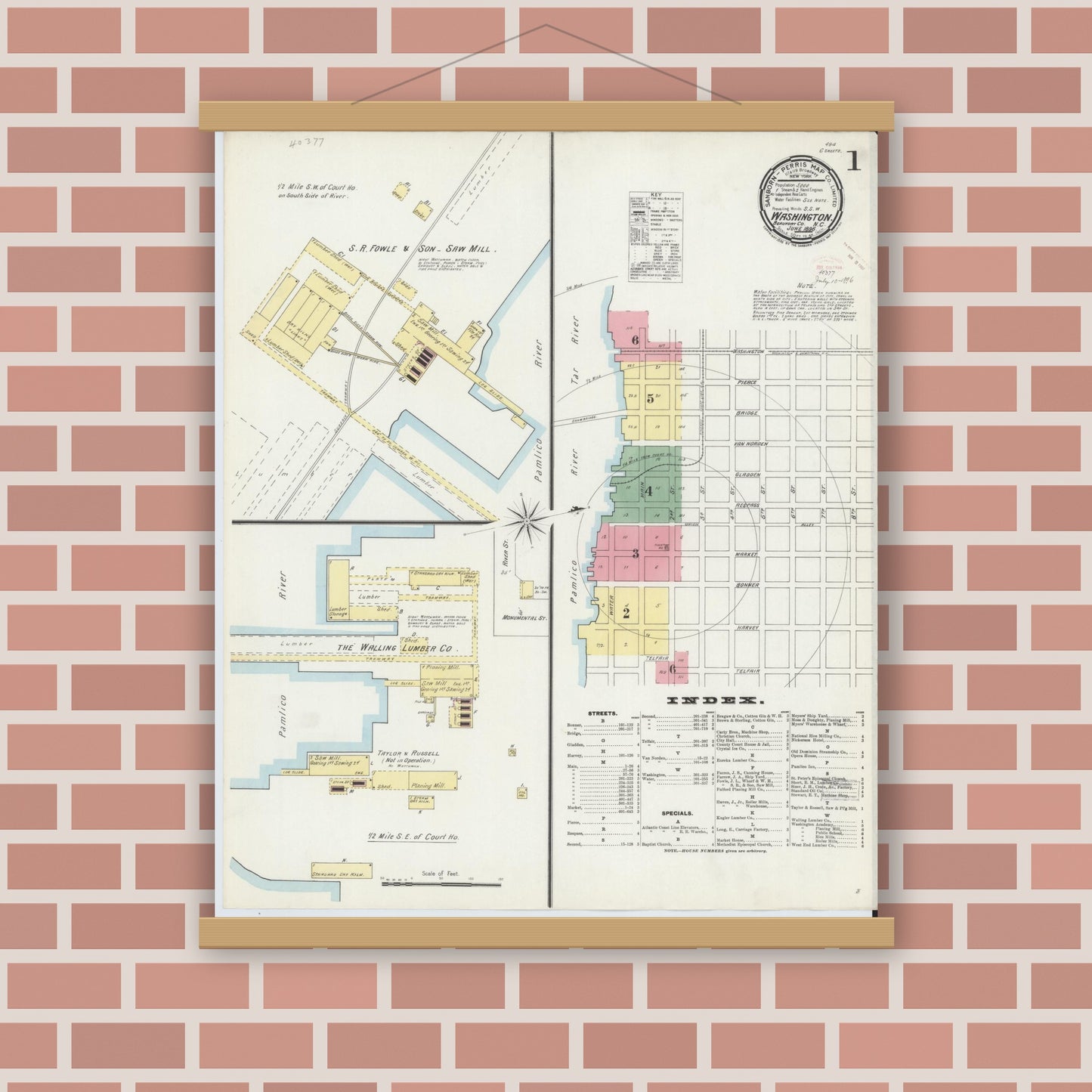Old map wall art mockup — magnetic wood frame on brick wall — Sanborn Fire Insurance Map from Washington, Beaufort County, North Carolina (1896), Sheet #0001