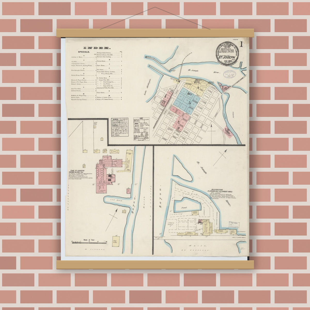 Old map wall art mockup — magnetic wood frame on brick wall — Sanborn Fire Insurance Map from Saint Joseph, Berrien County, Michigan (1884), Sheet #0001