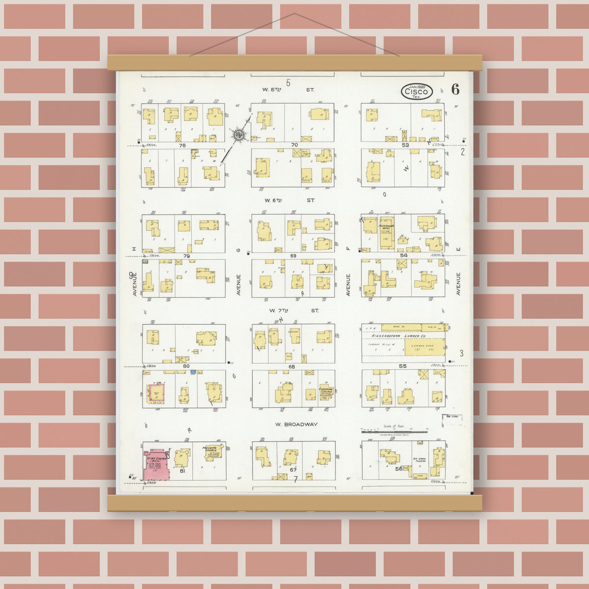 Old map wall art mockup — magnetic wood frame on brick wall — Sanborn Fire Insurance Map from Cisco, Eastland County, Texas (1920), Sheet #0006