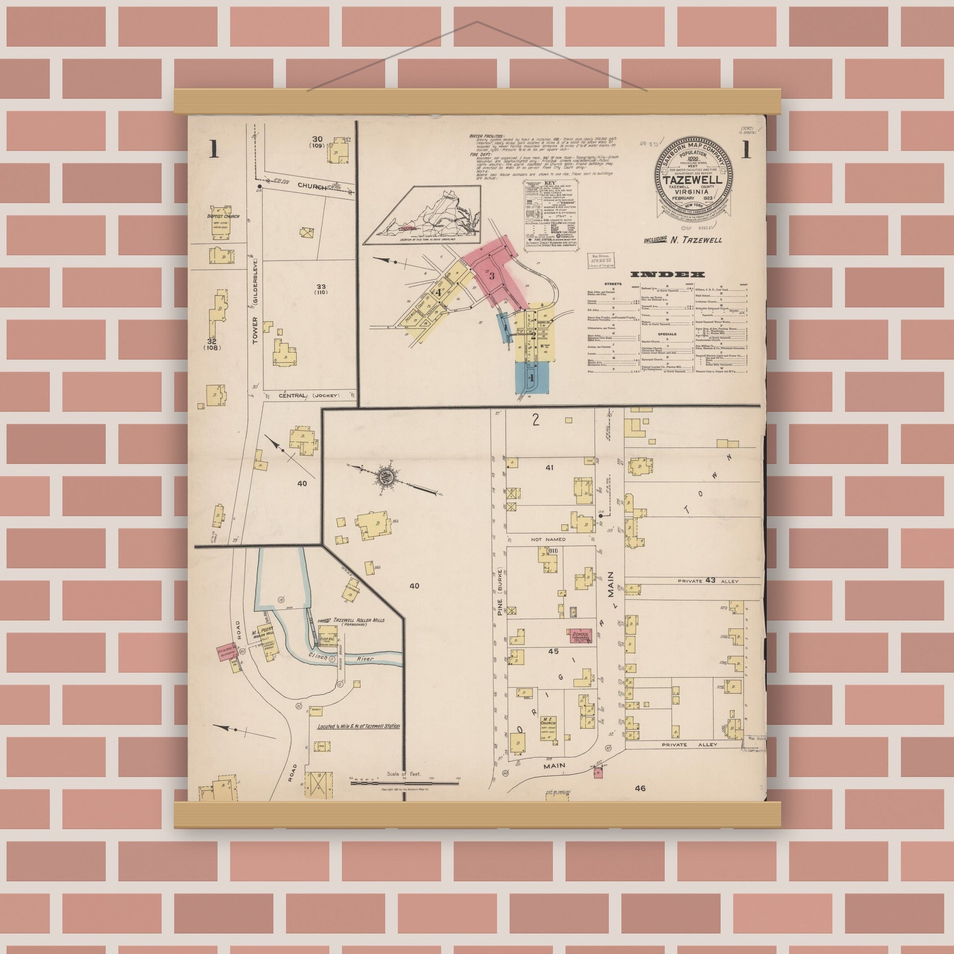 Old map wall art mockup — magnetic wood frame on brick wall — Sanborn Fire Insurance Map from Tazewell, Tazewell County, Virginia (1923), Sheet #0001