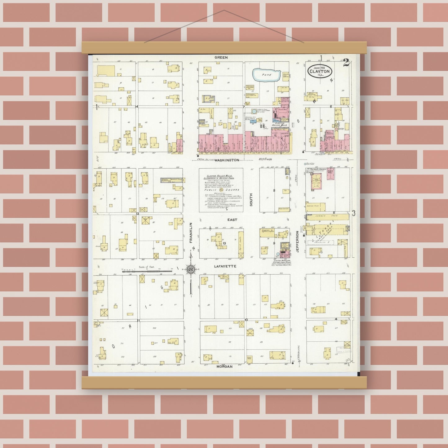 Old map wall art mockup — magnetic wood frame on brick wall — Sanborn Fire Insurance Map from Clayton, Adams County, Illinois (1910), Sheet #0002