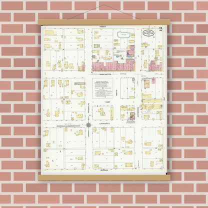Old map wall art mockup — magnetic wood frame on brick wall — Sanborn Fire Insurance Map from Clayton, Adams County, Illinois (1910), Sheet #0002