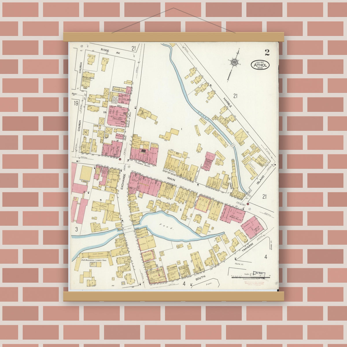 Old map wall art mockup — magnetic wood frame on brick wall — Sanborn Fire Insurance Map from Athol, Worcester County, Massachusetts (1917), Sheet #0002