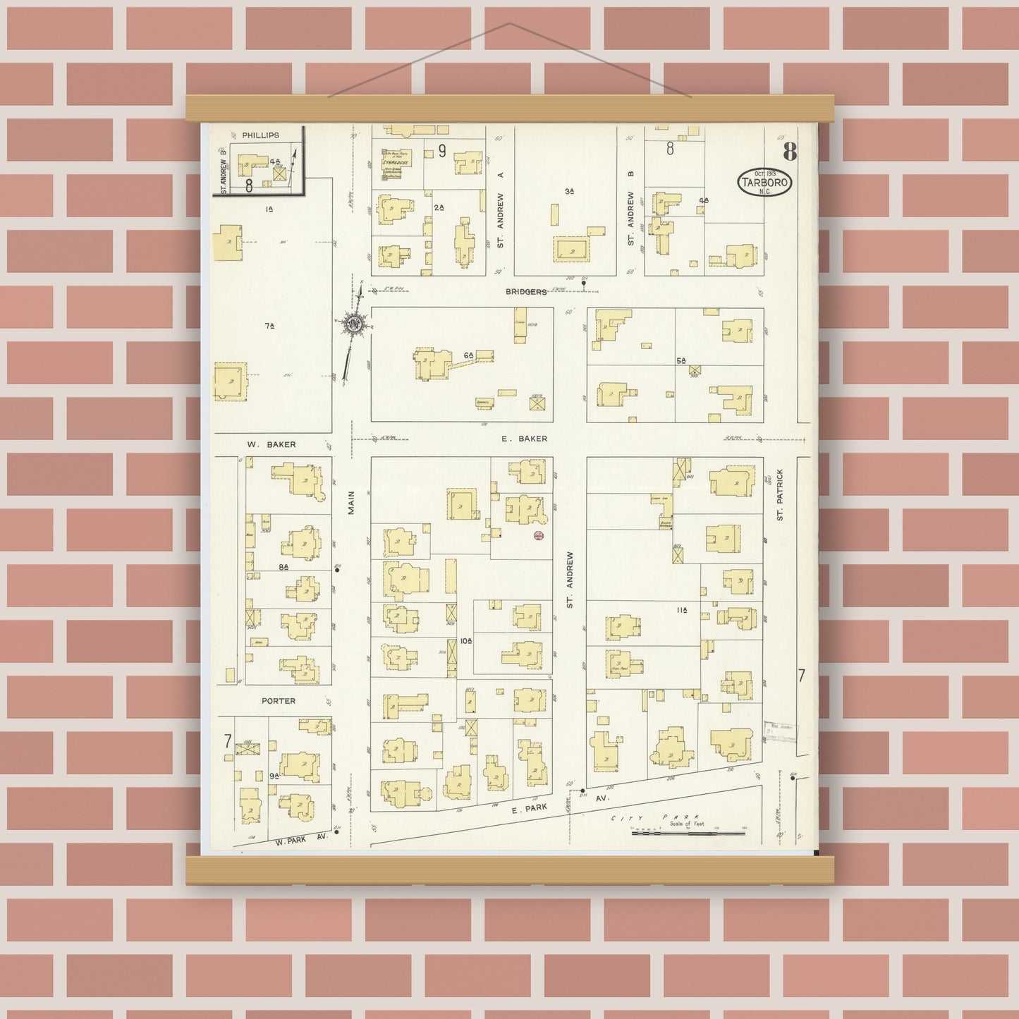 Old map wall art mockup — magnetic wood frame on brick wall — Sanborn Fire Insurance Map from Tarboro, Edgecombe County, North Carolina (1913), Sheet #0008