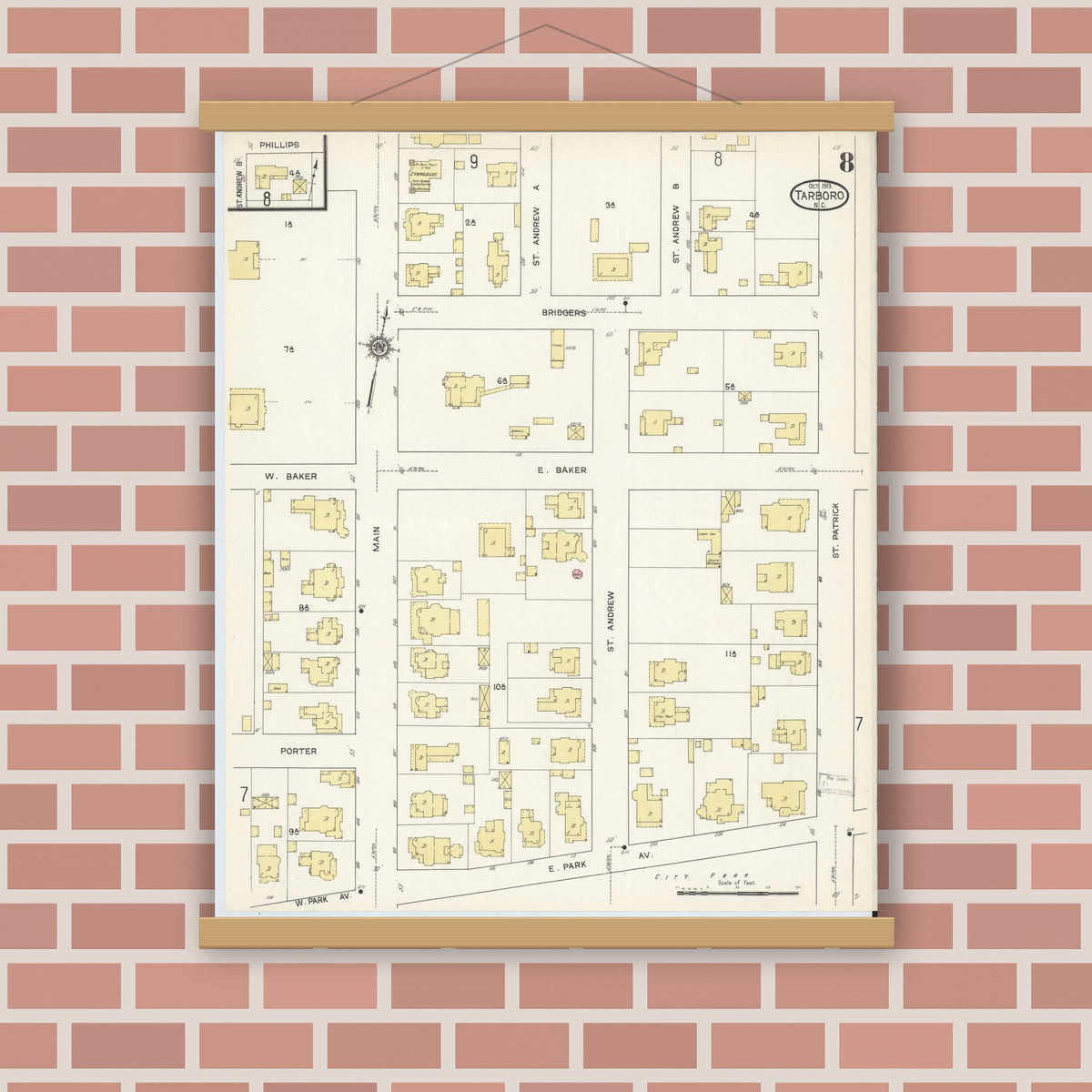 Old map wall art mockup — magnetic wood frame on brick wall — Sanborn Fire Insurance Map from Tarboro, Edgecombe County, North Carolina (1913), Sheet #0008