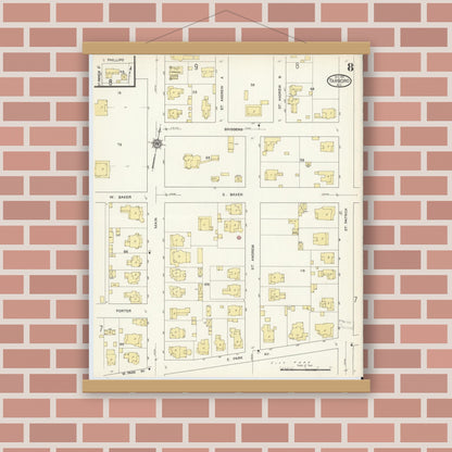 Old map wall art mockup — magnetic wood frame on brick wall — Sanborn Fire Insurance Map from Tarboro, Edgecombe County, North Carolina (1913), Sheet #0008