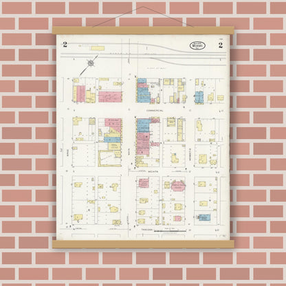 Old map wall art mockup — magnetic wood frame on brick wall — Sanborn Fire Insurance Map from Miami, Roberts County, Texas (1929), Sheet #0002