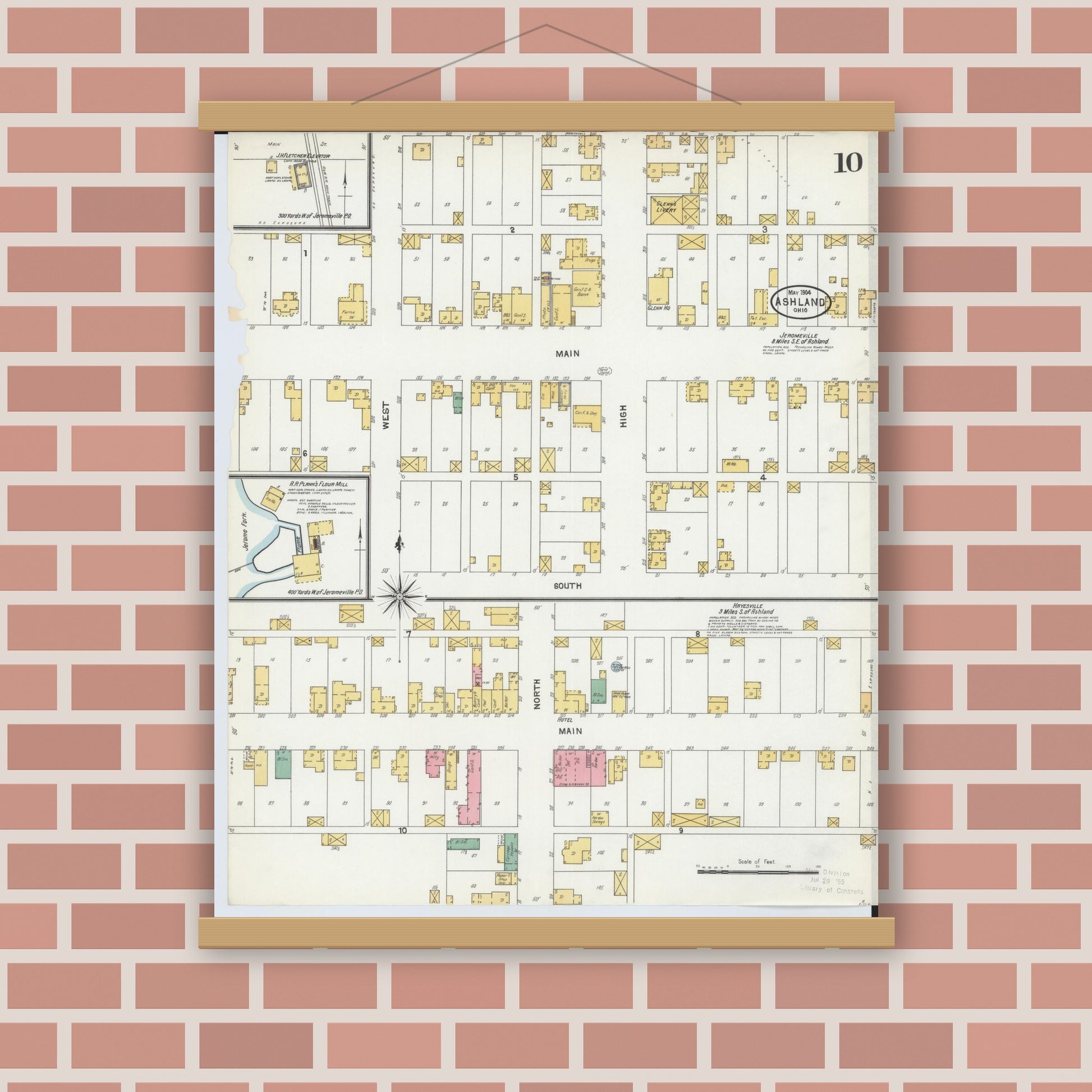 Old map wall art mockup — magnetic wood frame on brick wall — Sanborn Fire Insurance Map from Ashland, Ashland County, Ohio (1904), Sheet #0010
