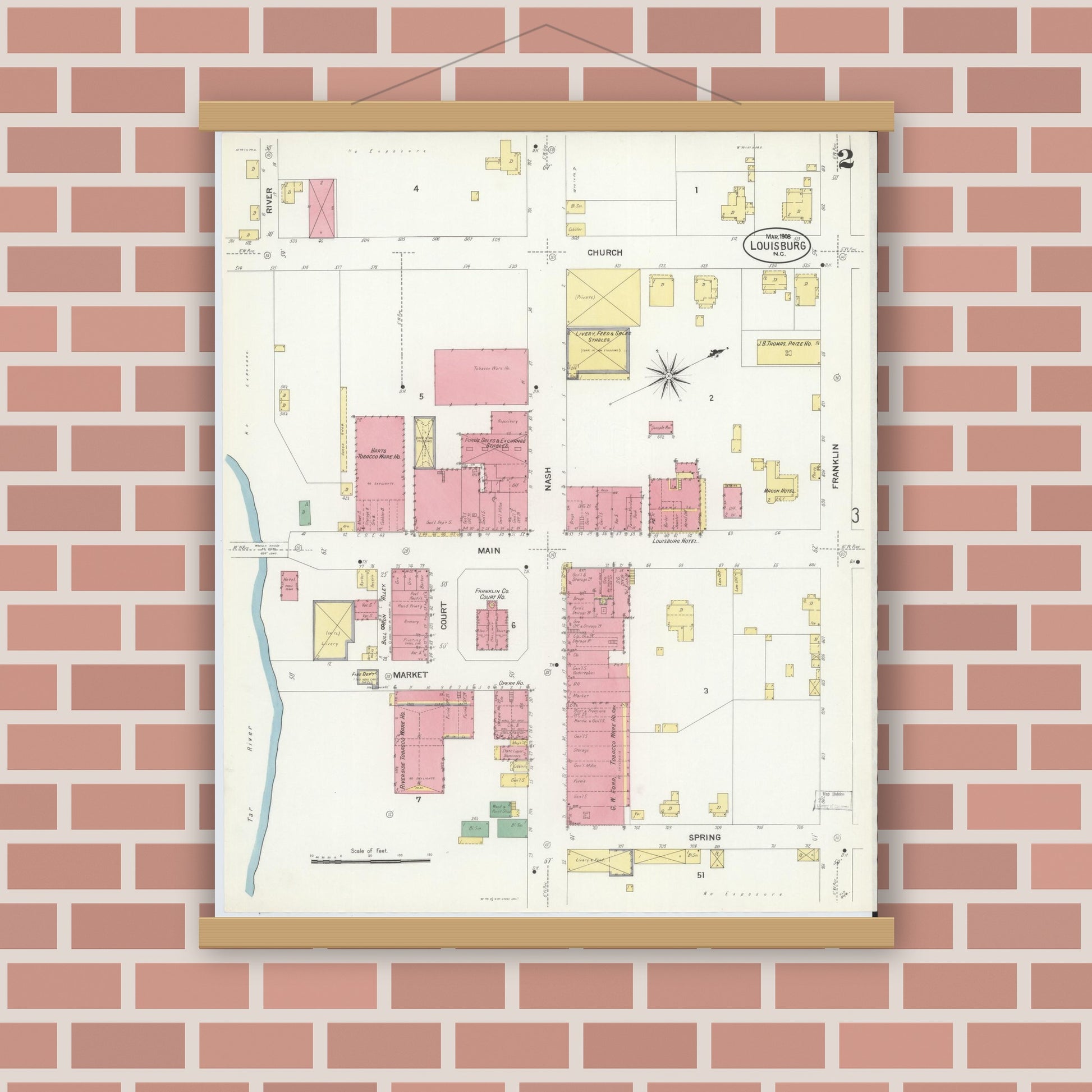 Old map wall art mockup — magnetic wood frame on brick wall — Sanborn Fire Insurance Map from Louisburg, Franklin County, North Carolina (1908), Sheet #0002