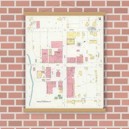 Old map wall art mockup — magnetic wood frame on brick wall — Sanborn Fire Insurance Map from Louisburg, Franklin County, North Carolina (1908), Sheet #0002