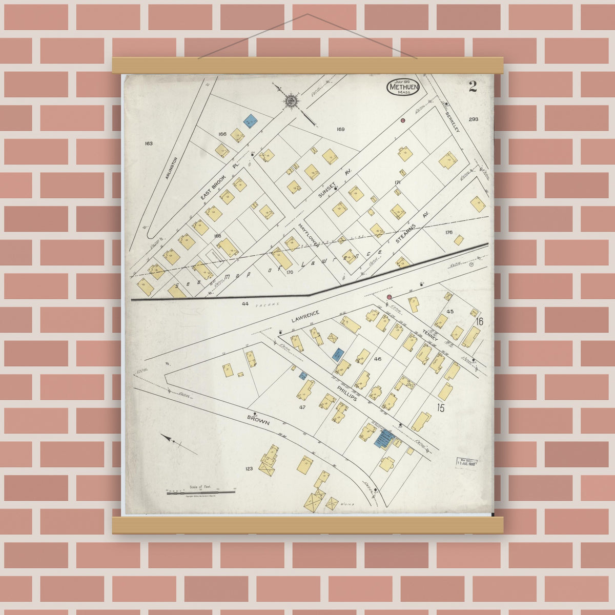 Old map wall art mockup — magnetic wood frame on brick wall — Sanborn Fire Insurance Map from Methuen, Essex County, Massachusetts (1919), Sheet #0002